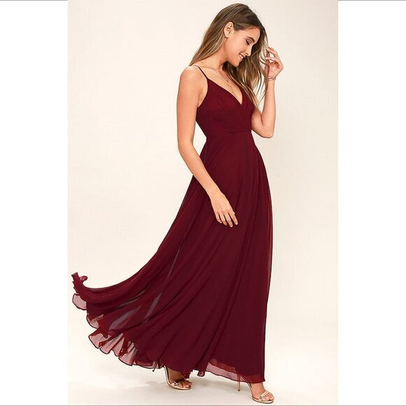 Lulus All About Love v-neck spaghetti strap chiffon wine maxi formal dress new M - Picture 1 of 7